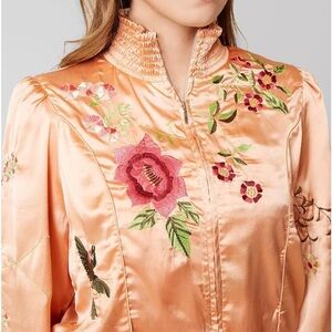 Free People Peach Satin Embroidered Floral Bomber Jacket